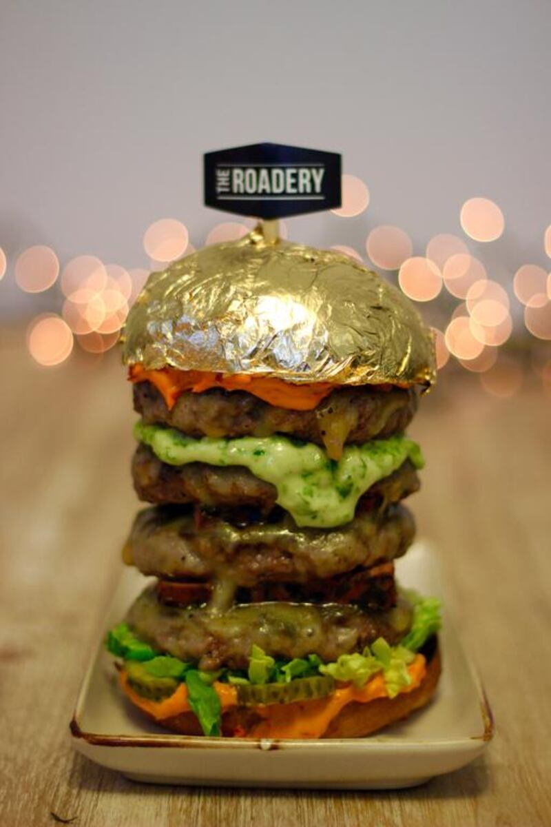 UK food truck The Roadery created the Burg Khalifa at Eat the World DXB 2017, consisting of five Wagyu patties and an edible 24-carat gold-leaf brioche bun. Courtesy The Roadery.