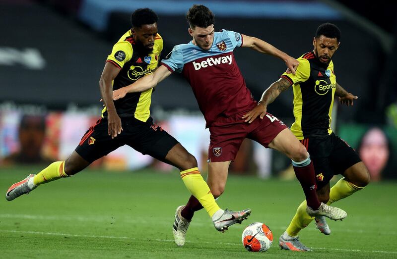 West Ham United's Declan Rice in action against Watford's Andre Gray. EPA