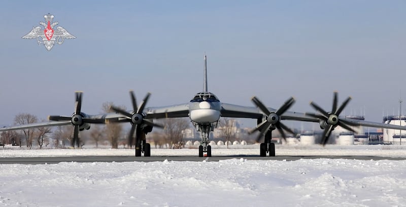 A Russian Tu-95MS bomber aircraft during the Grom-2022 Strategic Deterrence Force exercise at an undefined location in Russia. AFP