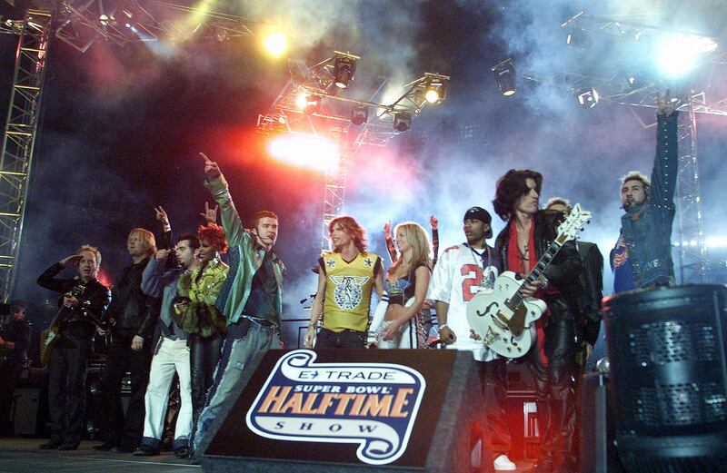 Aerosmith, Britney Spears and *NSYNC perform during the half-time show at the Super Bowl XXXV on January 28, 2001, at Raymond James Stadium in Tampa, Florida. AFP