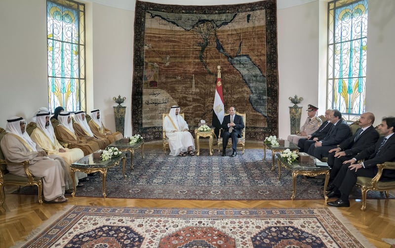 CAIRO, EGYPT - August 07, 2018: HH Sheikh Mohamed bin Zayed Al Nahyan Crown Prince of Abu Dhabi Deputy Supreme Commander of the UAE Armed Forces (centre L), meets with HE Abdel Fattah El-Sisi President of Egypt (centre R), at the Heliopolis Palace. Seen with (L-R) HE Juma Al Junaibi, UAE Ambassador to Egypt. HE Mohamed Mubarak Al Mazrouei, Undersecretary of the Crown Prince Court of Abu Dhabi, HE Ali Mohamed Hammad Al Shamsi, Deputy Secretary-General of the UAE Supreme National Security Council, HE Dr Anwar bin Mohamed Gargash, UAE Minister of State for Foreign Affairs and HH Sheikh Nahyan Bin Zayed Al Nahyan, Chairman of the Board of Trustees of Zayed bin Sultan Al Nahyan Charitable and Humanitarian Foundation.
( Mohamed Al Hammadi / Crown Prince Court - Abu Dhabi )
---