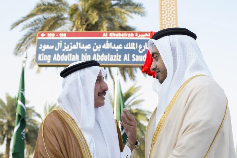 Sheikh Abdullah bin Zayed, the Foreign Minister, with Dr Mohammed bin Abdul Rahman bin Al Bishr, the Saudi ambassador.