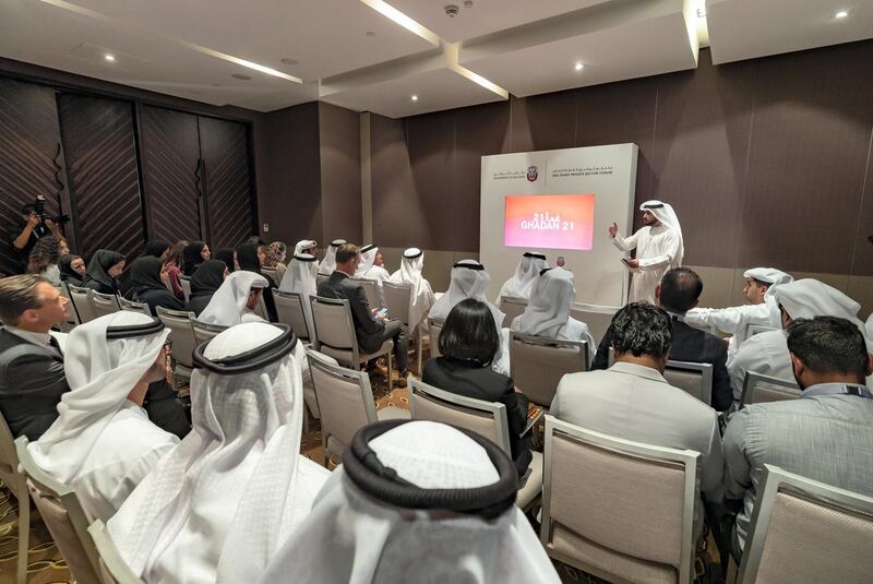 Abu Dhabi, United Arab Emirates - June 25, 2019: Ahmad Al Bloushi , director general of the industrial development bureau. Announcement of a series of new initiatives developed for the private sector at the Abu Dhabi Private sector forum at the Park Hyatt. Tuesday the 25th of June 2019. Saadiyat Island, Abu Dhabi. Chris Whiteoak / The National