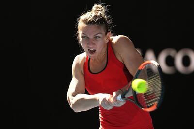epa06442369 Simona Halep of Romania in action against Destanee Aiava of Australia during round one, on day two of the Australian Open tennis tournament, in Melbourne, Victoria, Australia, 16 January 2018.  EPA/JOE CASTRO  AUSTRALIA AND NEW ZEALAND OUT