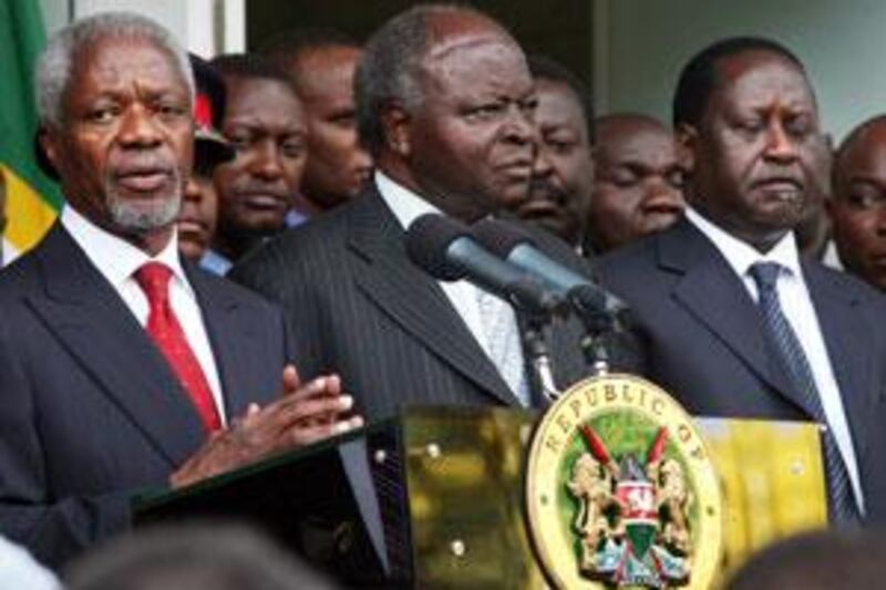 Kofi Annan, left, the Kenyan president Mwai Kibaki, centre, and opposition leader Raila Odinga.