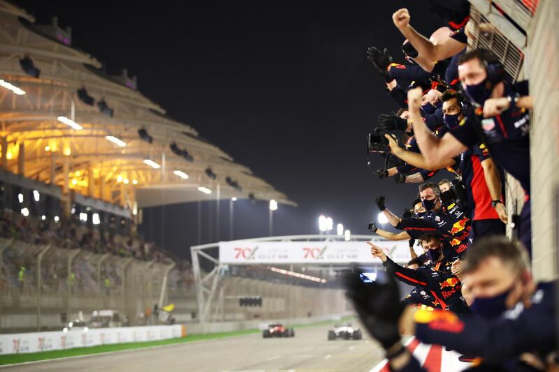 BAHRAIN, BAHRAIN - NOVEMBER 29: The Red Bull Racing team celebrate on the pitwall during the F1 Grand Prix of Bahrain at Bahrain International Circuit on November 29, 2020 in Bahrain, Bahrain. (Photo by Mark Thompson/Getty Images)