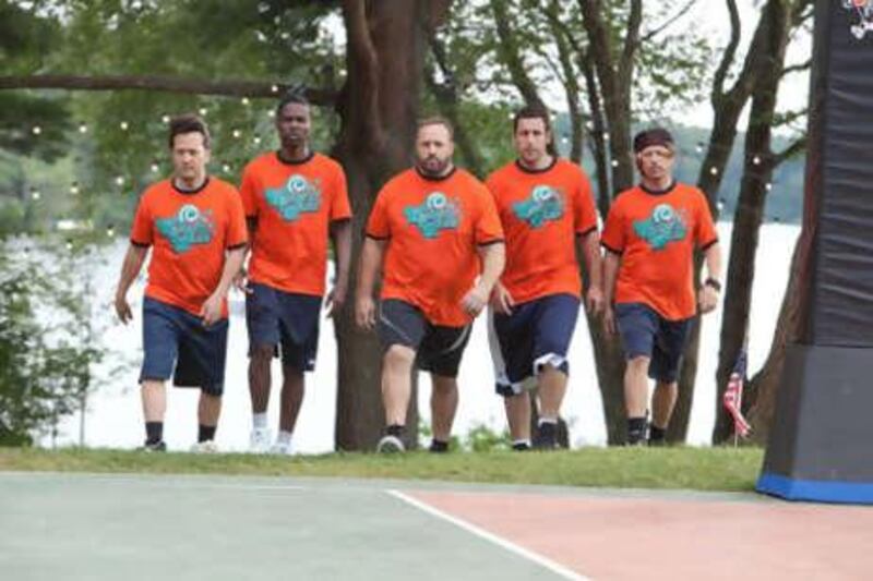 From left, Rob Schneider, Chris Rock, Kevin James, Adam Sandler and David Spade in Grown Ups.