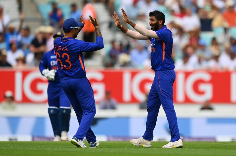 Jasprit Bumrah of India celebrates after bowling Liam Livingstone. Getty