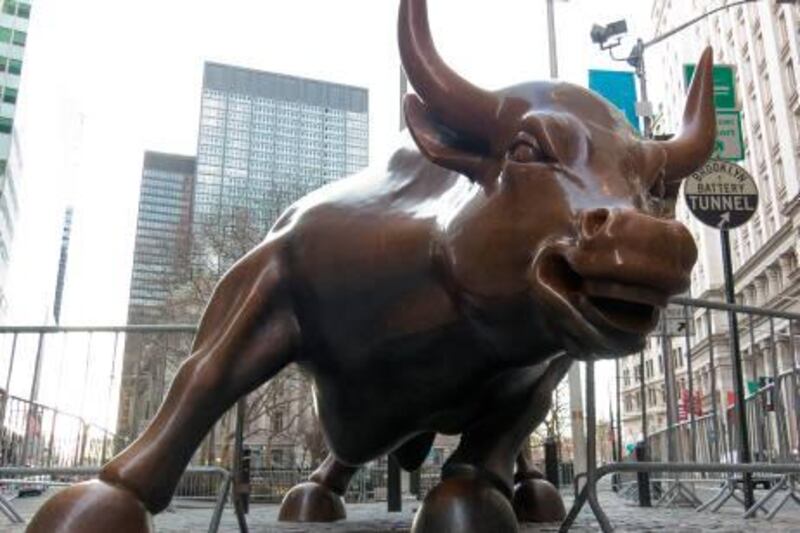 NEW YORK, NY - MARCH 05:  A general view of the charging bull statue also known as the Wall Street Bull or the Bowling Green Bull on March 5, 2012 in New York City. The statue is 3,200-kilogram (7,100 lb) bronze sculpture by Arturo Di Modica that stands in Bowling Green Park.  (Photo by Ben Hider/Getty Images)