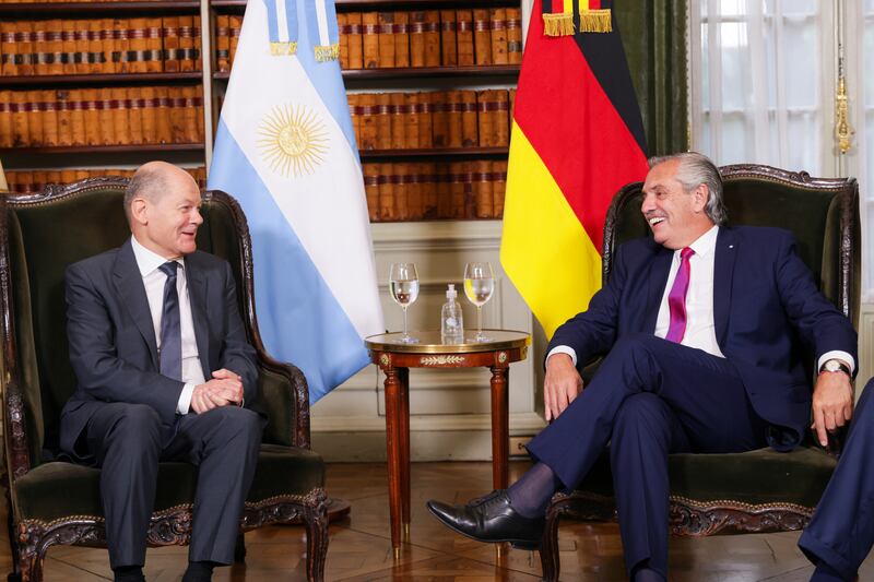German Chancellor Olaf Scholz, left, meets Argentina's President Alberto Fernandez  in Buenos Aires. EPA