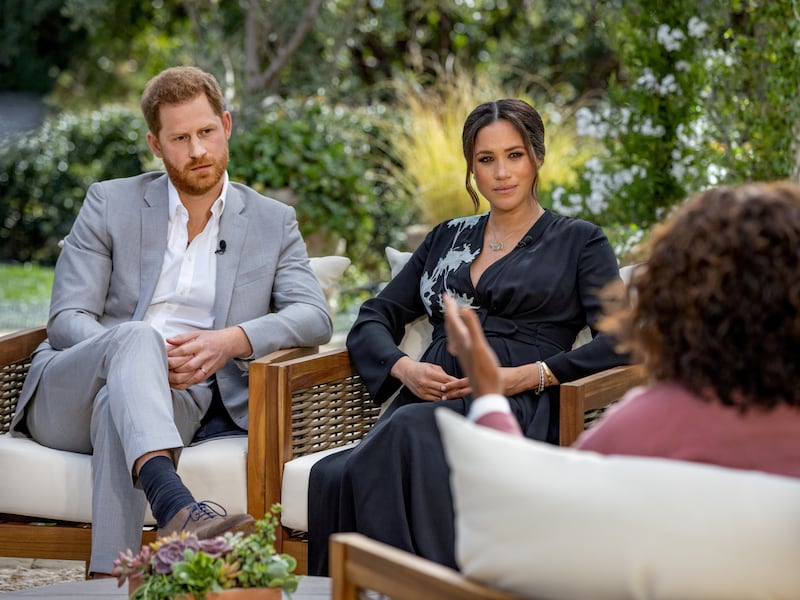 Prince Harry and Meghan Markle are interviewed by Oprah Winfrey for a CBS special released in March 2021. Reuters