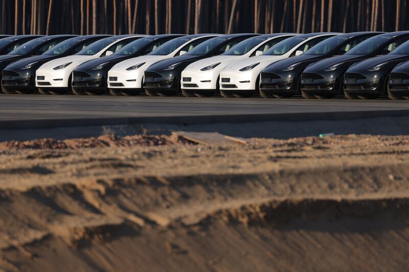 Newly completed Tesla Model Y electric cars parked at the site near Gruenheide.  Getty Images