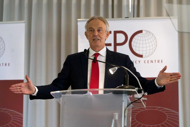 Former British Prime Minister Tony Blair speaks during an event, Brexit and the EU, in Brussels on Thursday, March 1, 2018. European Council President Donald Tusk will meet with British Prime Minister Theresa May on Thursday to discuss how to keep the Irish border open following Brexit, after she rejected the EU's proposal. (AP Photo/Virginia Mayo)