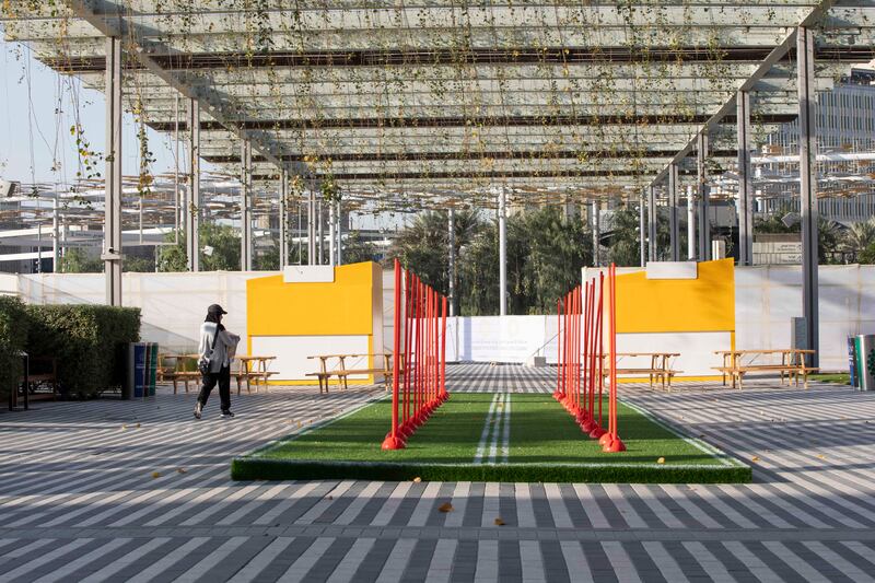 The fan zone at Expo City Dubai under construction during the countdown to the World Cup. Ruel Pableo for The National