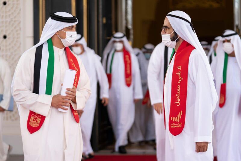 Sheikh Mohammed bin Rashid, Prime Minister and Ruler of Dubai, speaks to Sheikh Mansour bin Zayed, Deputy Prime Minister and Minister of Presidential Affairs, after a UAE Cabinet meeting on Sunday. Courtesy: Sheikh Mohammed bin Rashid Twitter