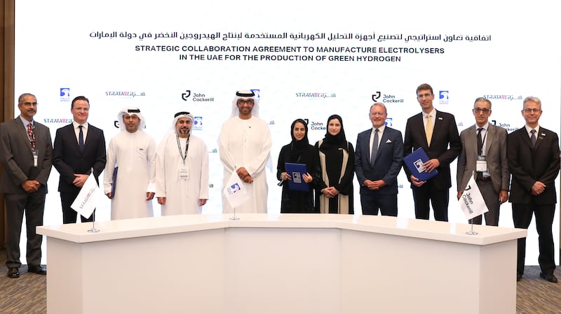 The signing witnessed by Dr Sultan Al Jaber, Minister of Industry and Advanced Technology and managing director and group chief executive of Adnoc and Sara Al Amiri, Minister of State for Public Education and Advanced Technology. Photo: Ministry of Industry and Advanced Technology