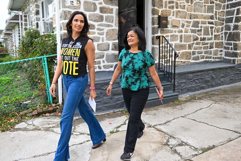Lakshmi and Congresswoman Pramila Jayapal attend the South Asian Women Get Out the Vote Canvass Event in Philadelphia, Pennsylvania. Getty Images 