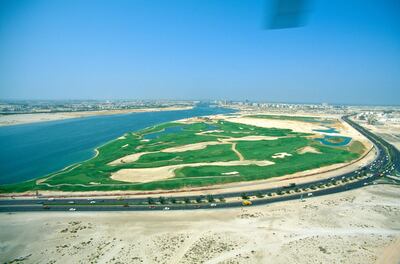 An aerial view of the Dubai Creek Golf and Marina Yacht Club golf course on 1st February 1992 in Dubai, United Arab Emirates. (Photo by Howard Boylan/Getty Images)