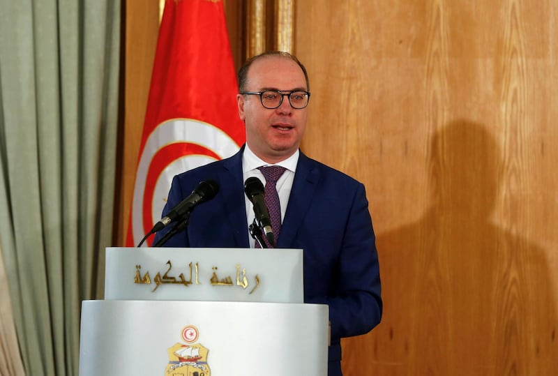 FILE PHOTO: Tunisia's Prime Minister Elyes Fakhfakh speaks during a handover ceremony in Tunis, Tunisia February 28, 2020. REUTERS/Zoubeir Souissi/File Photo