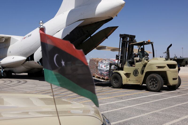 A delivery of medical supplies and relief items sent from the UAE is unloaded in Benghazi, Libya. Reuters