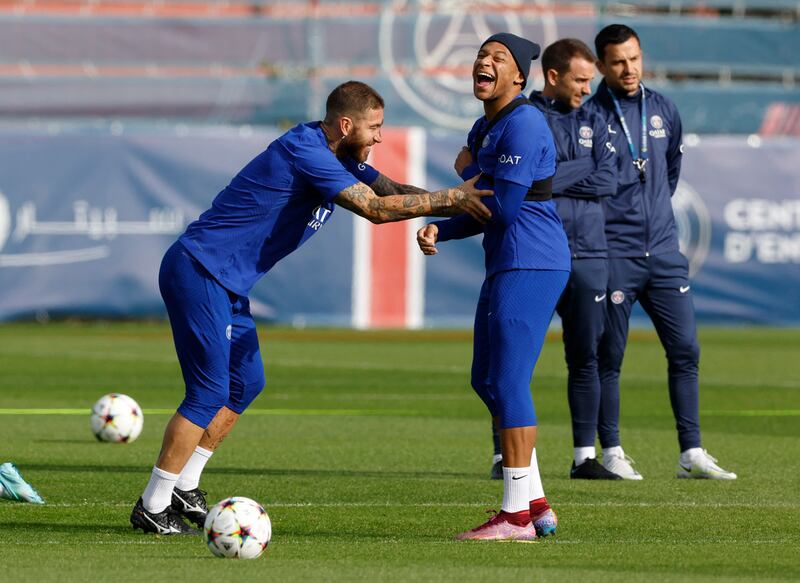 Kylian Mbappe and Sergio Ramos train on Monday. Reuters