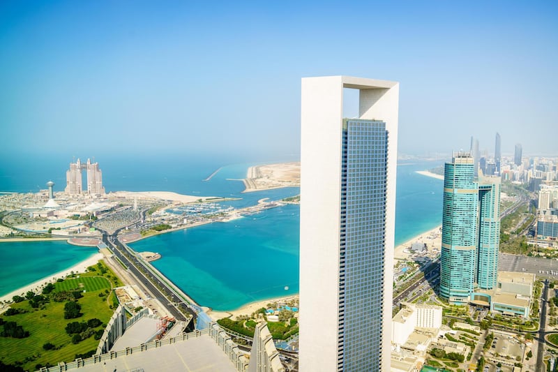 PGACPP Aerial view of Corniche and downtown area of Abu Dhabi, UAE. Alamy