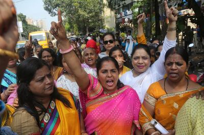 Activists of Congress partyâ€™s womenâ€™s wing shout slogans against Bollywood actor Nana Patekar during a protest in support of former Bollywood actress Tanushree Dutta in Mumbai, India, Thursday, Oct.11, 2018. A social media storm began in September, when Dutta spoke to several Indian TV news channels about her frustration with nothing resulting from a police complaint she filed in 2008 against Patekar for alleged sexual harassment on a Mumbai movie set. The complaint by the retired actress living in the United States could be a tipping point for the countryâ€™s burgeoning #metoo movement. (AP Photo/Rafiq Maqbool)