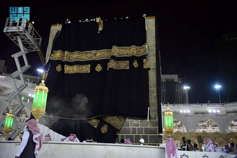 The Kaaba is covered with the Kiswa cloth.