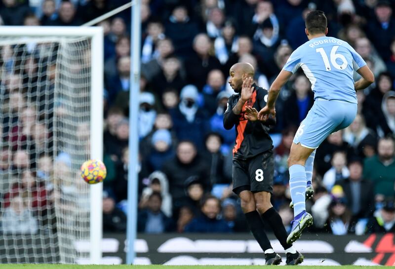 Rodri smashes home his wonder goal against Everton. EPA