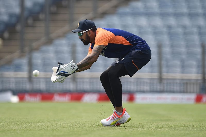 KL Rahul during his wicketkeeping session in Pune on Monday. AFP