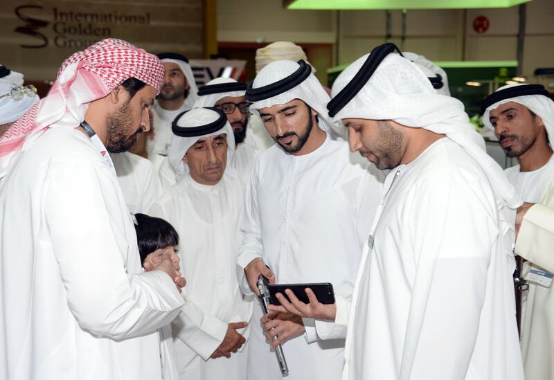 Sheikh Hamdan bin Mohammed, Crown Prince of Dubai, is briefed on the latest hunting technologies during his tour of Adihex on Friday. Wam