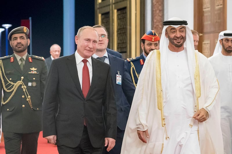 ABU DHABI, UNITED ARAB EMIRATES - October 15, 2019: HH Sheikh Mohamed bin Zayed Al Nahyan, Crown Prince of Abu Dhabi and Deputy Supreme Commander of the UAE Armed Forces (R) bids farewell to HE Vladimir Putin Vladimirovich, President of Russia (L), at the Presidential Airport.

( Rashed Al Mansoori / Ministry of Presidential Affairs )
---