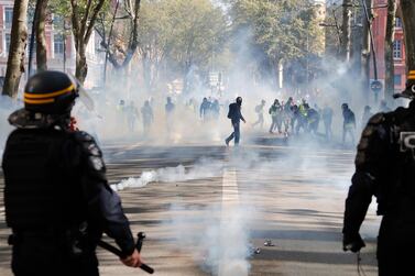 Protesters from the 'Gilets Jaunes' (Yellow Vests) movement clash with French riot Police during the 'Act XXII' demonstration - the 22nd consecutive national protest in Toulouse, France, on 13 April 2019. EPA