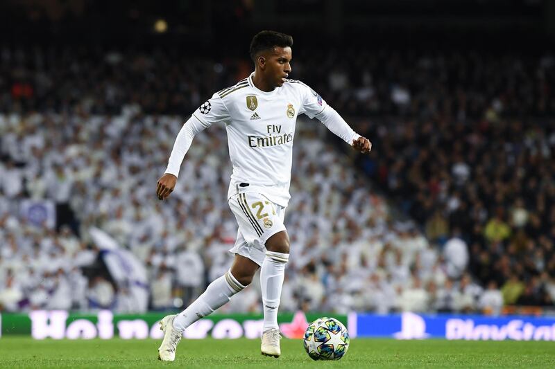 MADRID, SPAIN - NOVEMBER 26: Rodrygo of Real Madrid CF runs with the ball during the UEFA Champions League group A match between Real Madrid and Paris Saint-Germain at Bernabeu on November 26, 2019 in Madrid, Spain. (Photo by David Ramos/Getty Images)