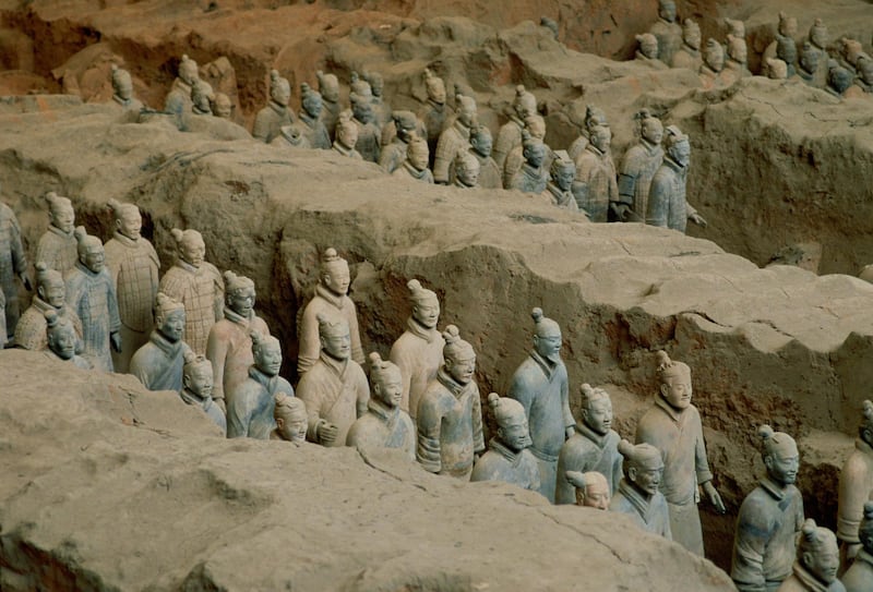 CHINA - JANUARY 01:  Figurines in the Museum of the Qin Terracotta Warriors, the mausoleum of Qin Shi Huang,emperor of China, Xian, Shaanxi Province, Northwest China discovered in 1974.  (Photo by Tim Graham/Getty Images)