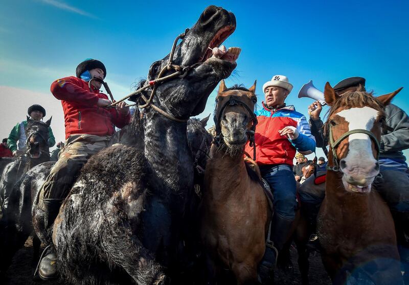 Kyrgyz riders compete during the traditional national horse game Alaman-Ulak near the village of Dacha-Suu some 30 km from Bishkek.  AFP