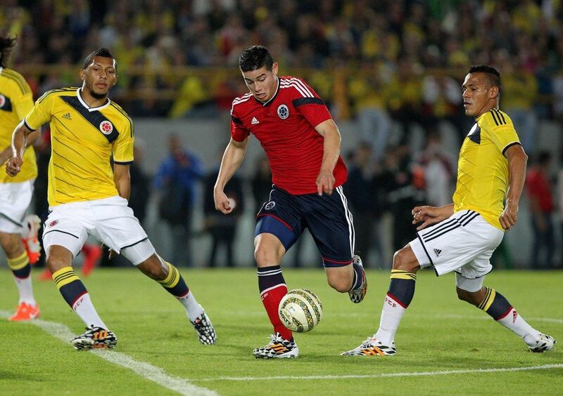 James Rodriguez in action during a Colombia national team exhibition at the El Campin stadium in Bogota, Colombia on May 23, 2014. Leonardo Munoz / EPA