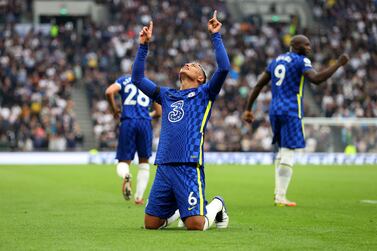 LONDON, ENGLAND - SEPTEMBER 19: Thiago Silva of Chelsea celebrates after scoring their side's first goal during the Premier League match between Tottenham Hotspur and Chelsea at Tottenham Hotspur Stadium on September 19, 2021 in London, England. (Photo by Catherine Ivill / Getty Images)