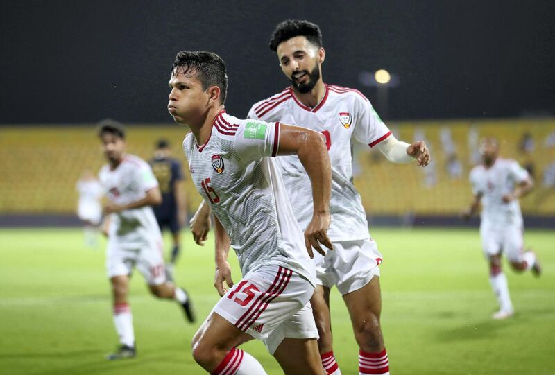 Fabio De Lima of the UAE scores during the game between the UAE and Thailand in the World cup qualifiers at the Zabeel Stadium, Dubai on June 7th, 2021. Chris Whiteoak / The National. 
Reporter: John McAuley for Sport