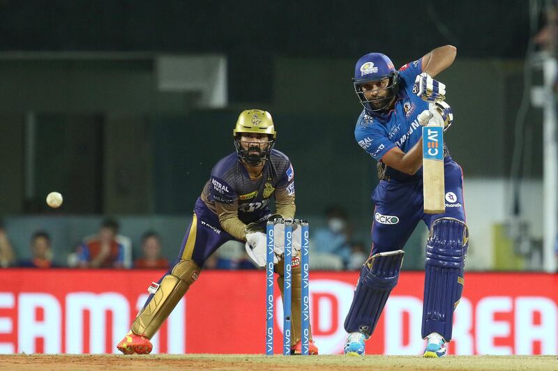 Rohit Sharma Captain of Mumbai Indians plays a shot during match 5 of the Vivo Indian Premier League 2021 between  the Kolkata Knight Riders and the Mumbai Indians held at the M. A. Chidambaram Stadium, Chennai on the 13th April 2021.

Photo by Faheem Hussain / Sportzpics for IPL