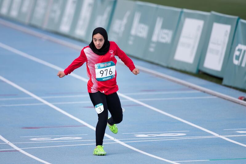 DUBAI, UNITED ARAB EMIRATES - March 16 2019.
Mouza Mohamed Al-Hamed, UAE, at the Special Olympics World Games athletics 200m run in Dubai Police Academy Stadium.

 (Photo by Reem Mohammed/The National)

Reporter: 
Section:  NA