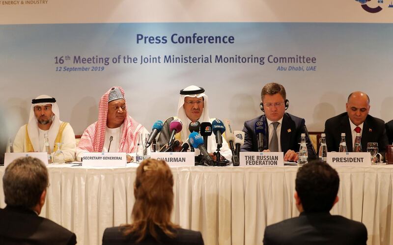 ABU DHABI ,  UNITED ARAB EMIRATES , SEPTEMBER 12 – 2019 :- Left to Right – Suhail Mohammed Al Mazroui , Minister of Energy, UAE ,  Mohammad Barkindo , Secretary General , OPEC , Prince Abdul Aziz Bin Salman , Minister of Energy, Saudi Arabia, Alexander Novak, Minister of Energy of Russia and Manuel Salvador Quevedo Fernández. Minister of Petroleum Bolivarian Republic of Venezuela , President , Opec talking to media after the Opec Joint Ministerial Monitoring Committee Meeting held at the Emirates Palace in Abu Dhabi. ( Pawan Singh / The National ) For Business. Story by Jennifer