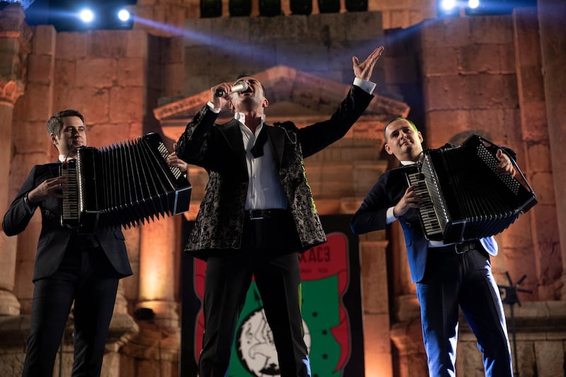 Circassian singer Nahush Cherim and his musicians perform during the 2019 Jerash Festival of Culture and Arts at the Jerash archeological site, Jerash, some 46 km North of Amman, Jordan.  EPA