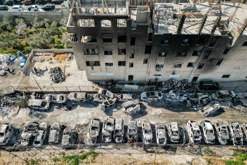 Cars were torched overnight at this scrapyard in the Palestinian town of Huwara, in the occupied West Bank, where Israeli settlers ran amok. AFP
