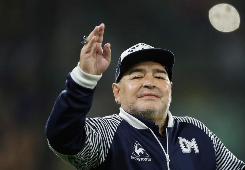 FILE PHOTO: Soccer Football - Superliga - Boca Juniors v Gimnasia y Esgrima - Alberto J. Armando Stadium, Buenos Aires, Argentina - March 7, 2020   Gimnasia y Esgrima coach Diego Maradona before the match   REUTERS/Agustin Marcarian/File Photo