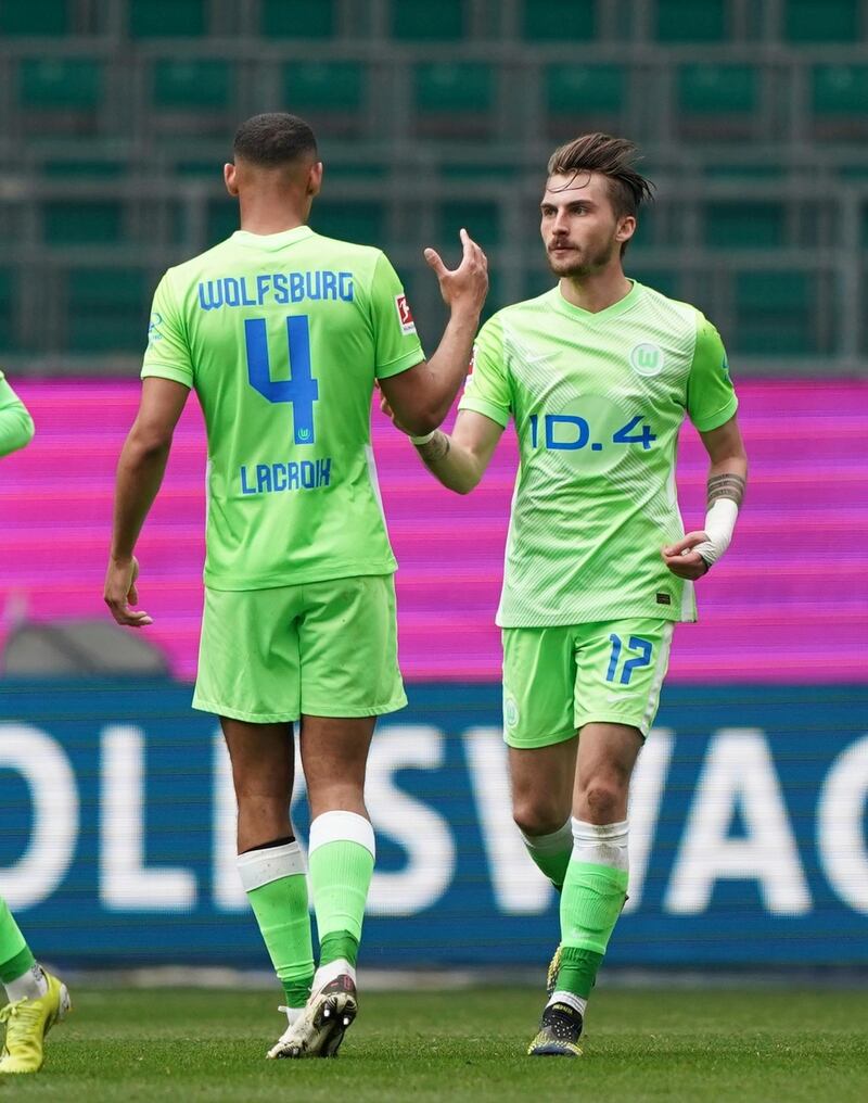 Wolfsburg's Maximilian Philipp celebrates after scoring his side's second goal. AP