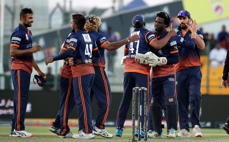 ABU DHABI , UNITED ARAB EMIRATES , Nov 23 – 2019 :- Players of Maratha Arabians celebrating after winning the match against Qalandars during the Abu Dhabi T10 Cricket match between Maratha Arabians vs Qalandars at Sheikh Zayed Cricket Stadium in Abu Dhabi. ( Pawan Singh / The National )  For Sports. Story by Paul