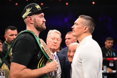 RIYADH, SAUDI ARABIA - OCTOBER 28: Tyson Fury and Oleksandr Usyk face off after the Heavyweight fight between Tyson Fury and Francis Ngannou at Boulevard Hall on October 28, 2023 in Riyadh, Saudi Arabia. (Photo by Justin Setterfield / Getty Images)