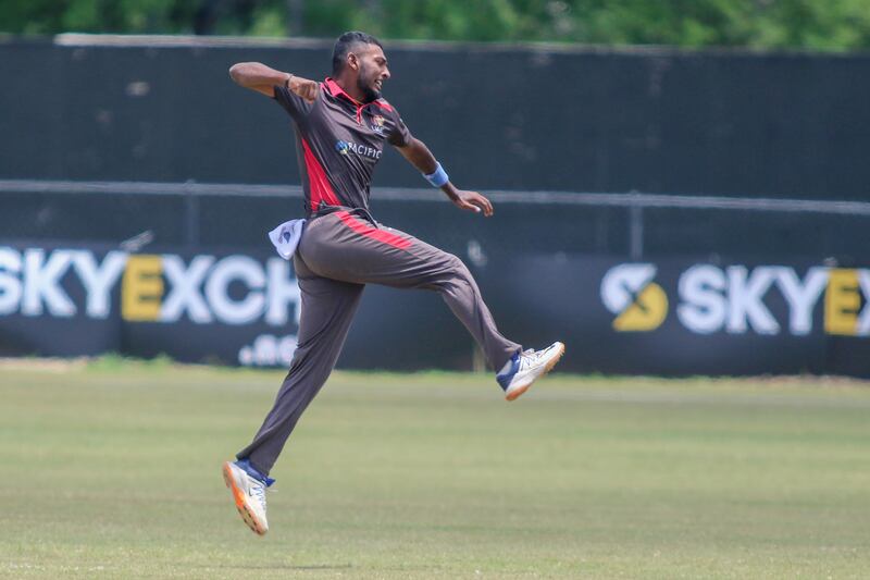 Karthik Meiyappan celebrates a wicket in UAE's five-wicket win over Scotland in the Cricket World Cup League 2 in Texas. All photos courtesy USA Cricket