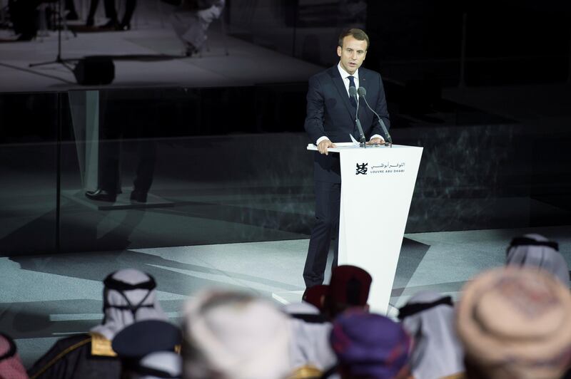 SAADIYAT ISLAND, ABU DHABI, UNITED ARAB EMIRATES -November 08, 2017: HE Emmanuel Macron, President of France delivers a speech during the opening ceremony of the Louvre Abu Dhabi.

( Hamad Al Mansoori for The Crown Prince Court - Abu Dhabi )
---